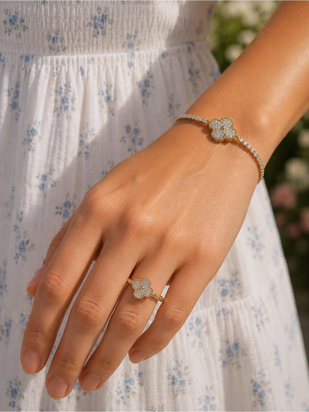 Gold Filled Clover Cubic Zirconia Bracelet and Ring Set